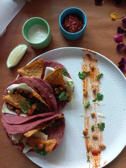 Beetroot Tacos Stuffed Kala chana Nachos  Nuts Salsa