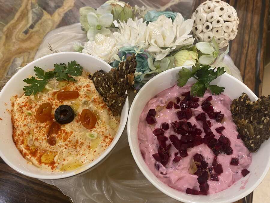 Hung curd dips  beetroot dip and chilli garlic dip 