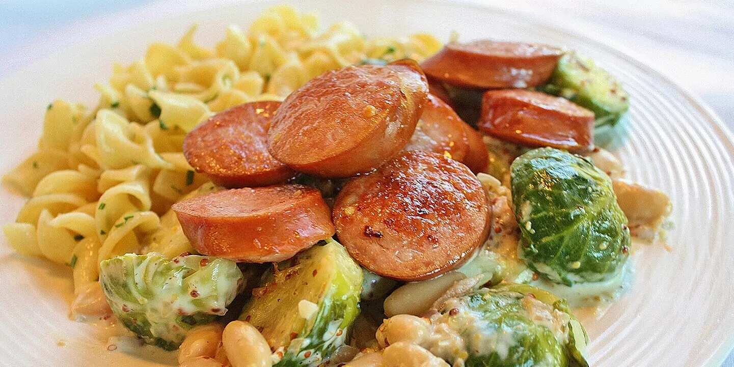 How to make Kielbasa With Brussels Sprouts In Mustard Cream Sauce Recipe