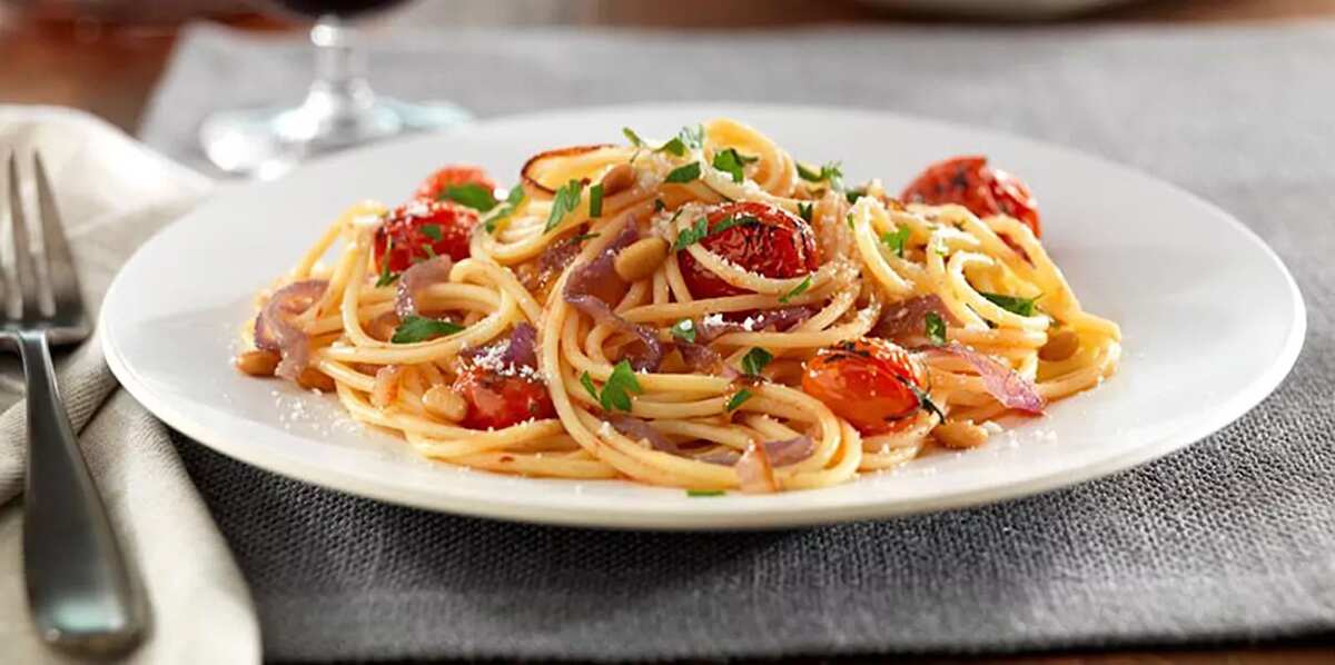 Barilla® Gluten Free Spaghetti With Caramelized Red Onions And Whole Cherry Tomatoes, Pine Nuts And Pecorino Cheese