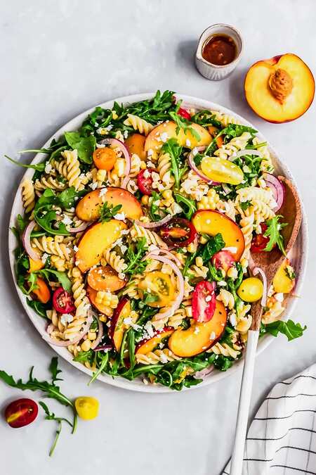 Peach, Tomato & Corn Arugula Pasta Salad