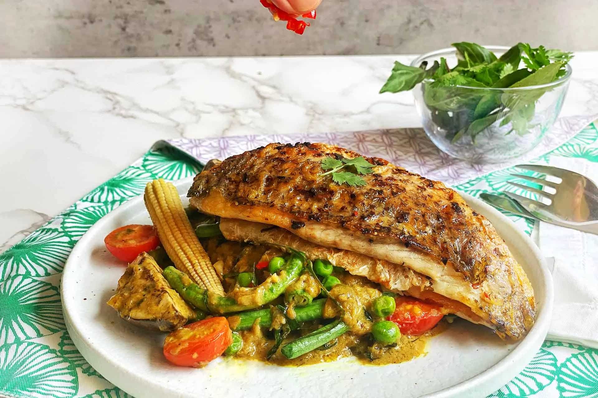 How to make Roasted Chili Lime Sea Bass With Coconut Green Curry Recipe