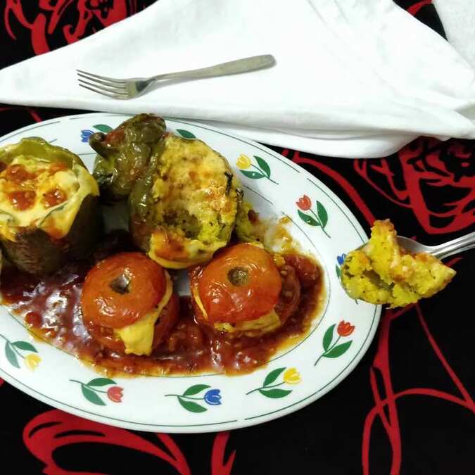 Gemista With A Twist (Greek Stuffed Tomatoes And Peppers With Cornmeal And Vegetables (Polenta))