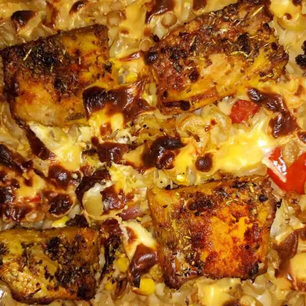 Spicy fish macroni with cheese & sweet corn