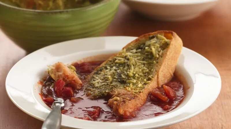 Italian Tomato Soup With Pesto-Cheese Toasts