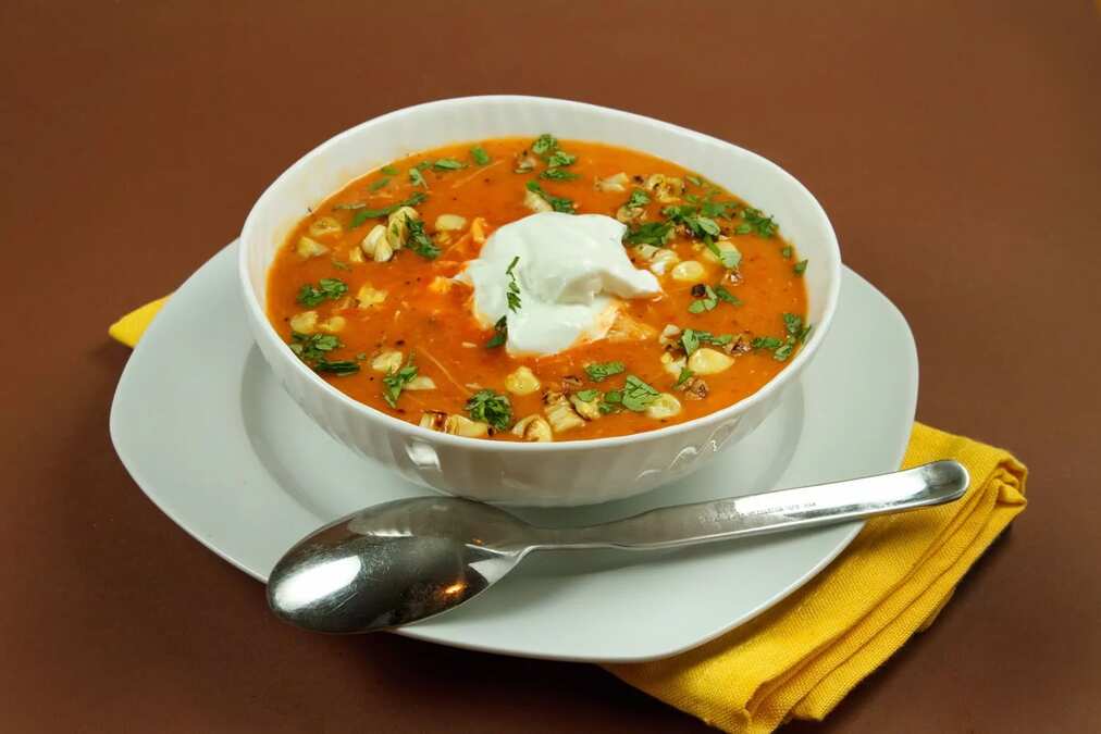 Roasted Red Pepper Soup With Grilled Chicken And Corn