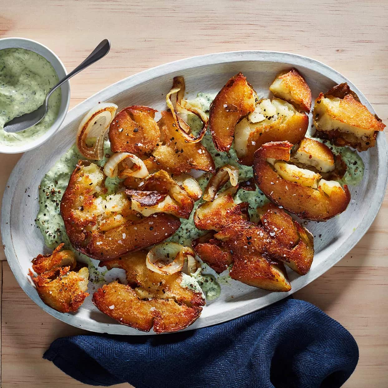 How to make Crispy Smashed Potatoes With Green Horseradish Sauce Recipe