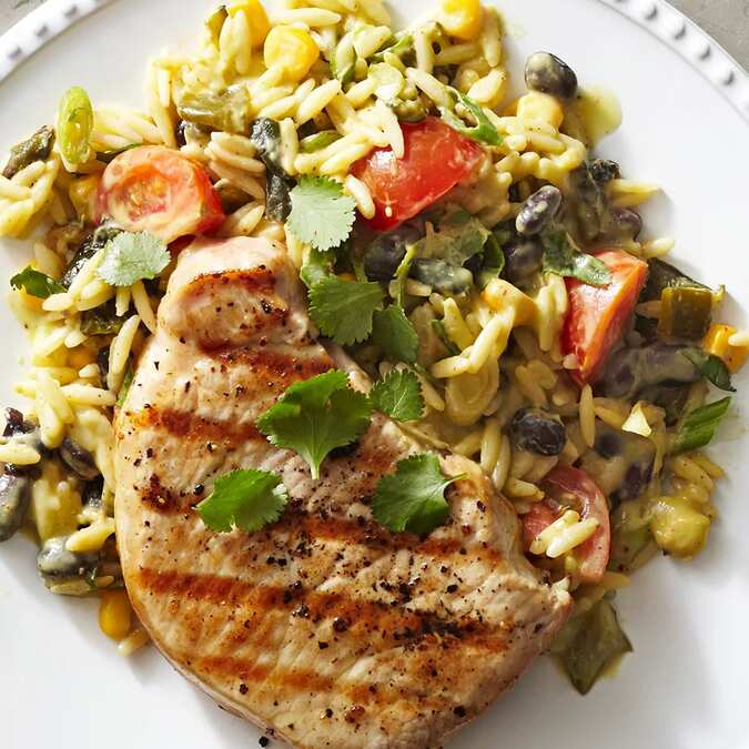 Grilled Pork Chops With Ancho-Avocado Orzo