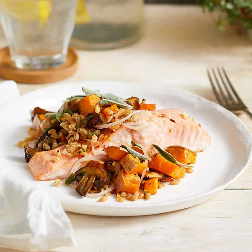 How to make Warm Farro Salad With Salmon Mushrooms & Sweet Potatoes Recipe