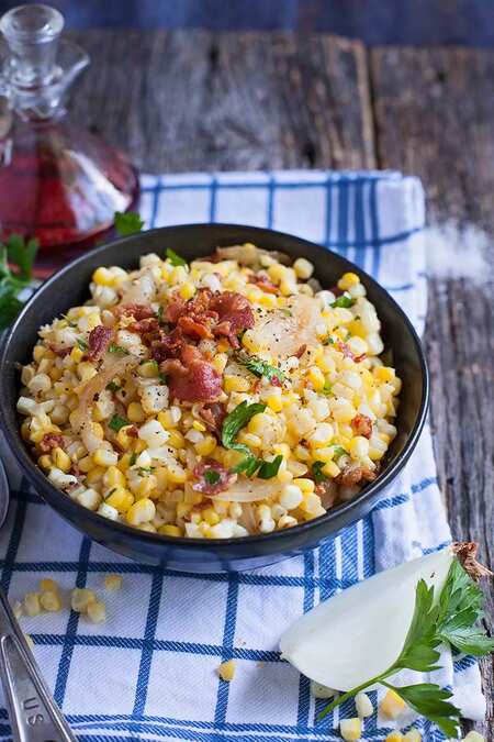Roasted Corn With Bacon And Caramelized Onion