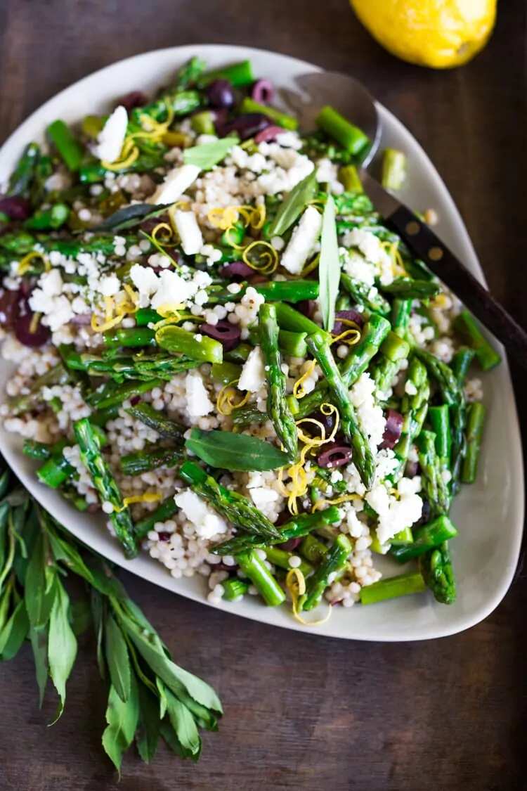 How to make Asparagus Salad With Olives, Mint, Lemon And Israeli Cous Cous Recipe