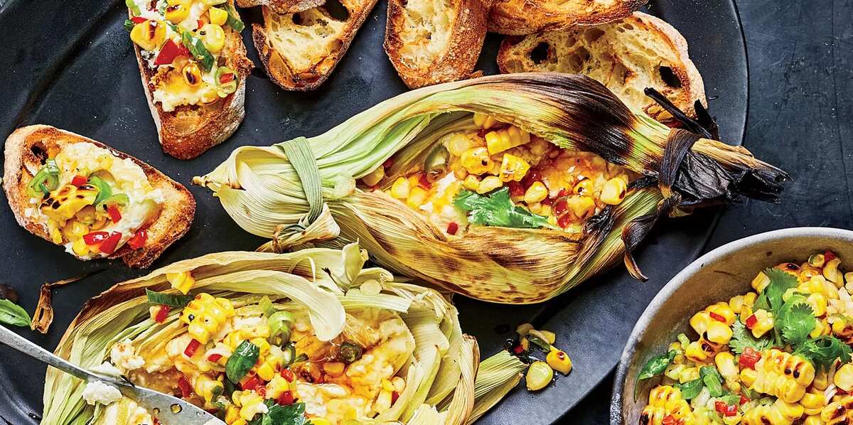 Corn Husk–Grilled Goat Cheese With Corn Relish And Honey
