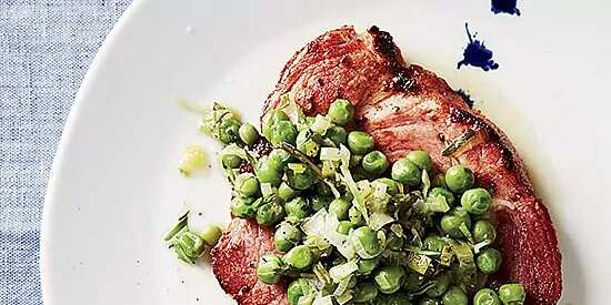 How to make Spring Ham Steaks With Sweet Pea-leek Pan Sauce Recipe