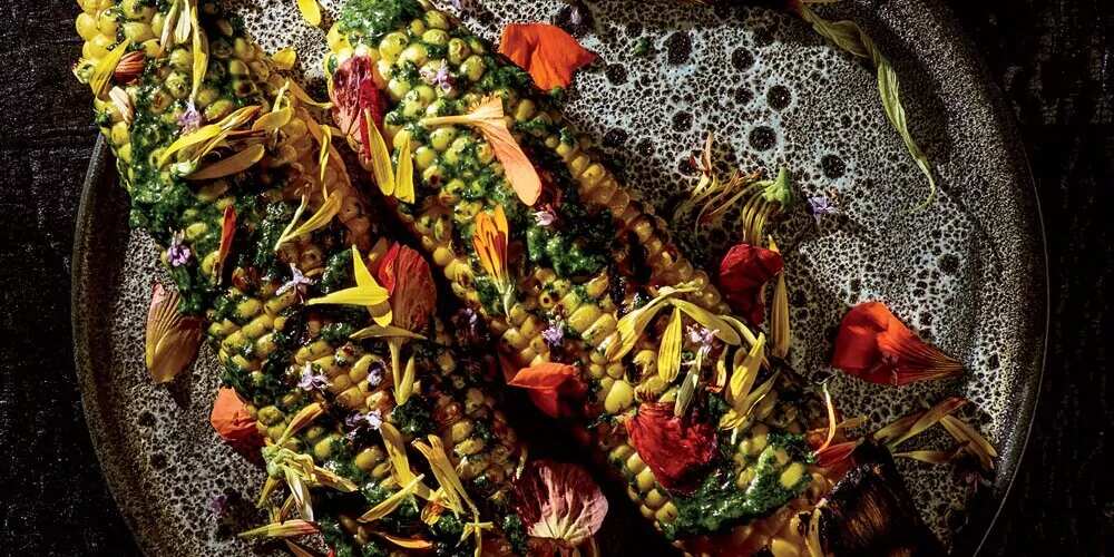 Grilled Corn With Nasturtium Emulsion And Flowers