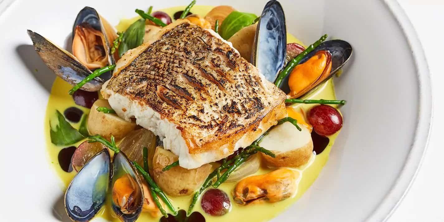 How to make Hake With Mussels, Potatoes And Curry Veloute Recipe