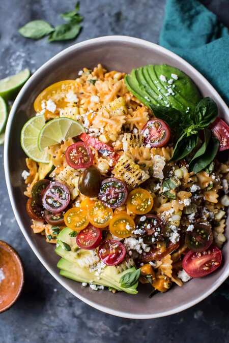 Charred Corn And Zucchini Enchilada Pasta Salad.