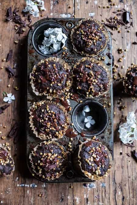 Double Chocolate Coconut Oil Zucchini Muffins With Caramelized Buckwheat.