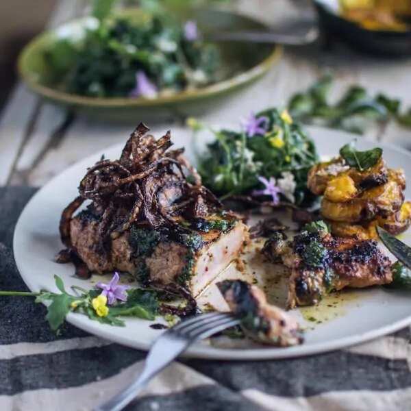 Grilled Indian Spiced Pork With Foraged Greens