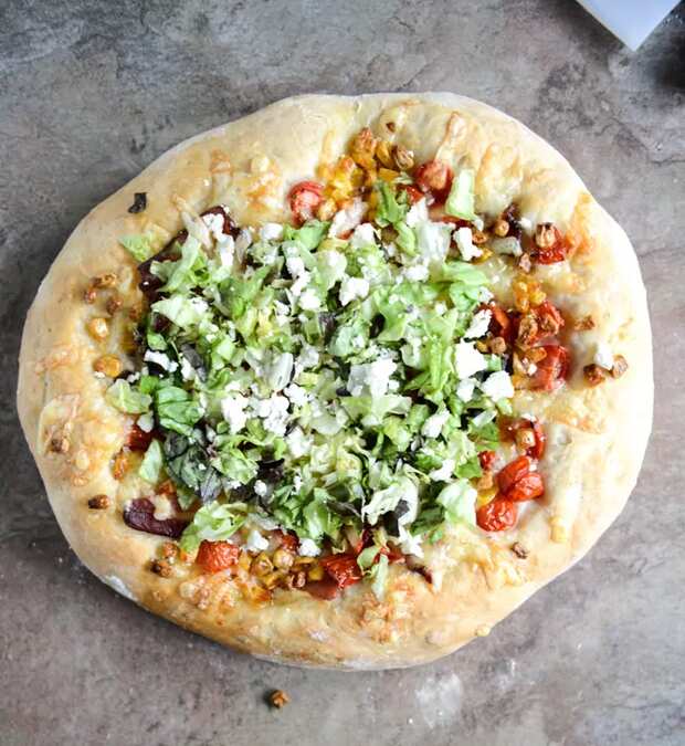 BLT Pizza With Grilled Corn + Crumbled Feta