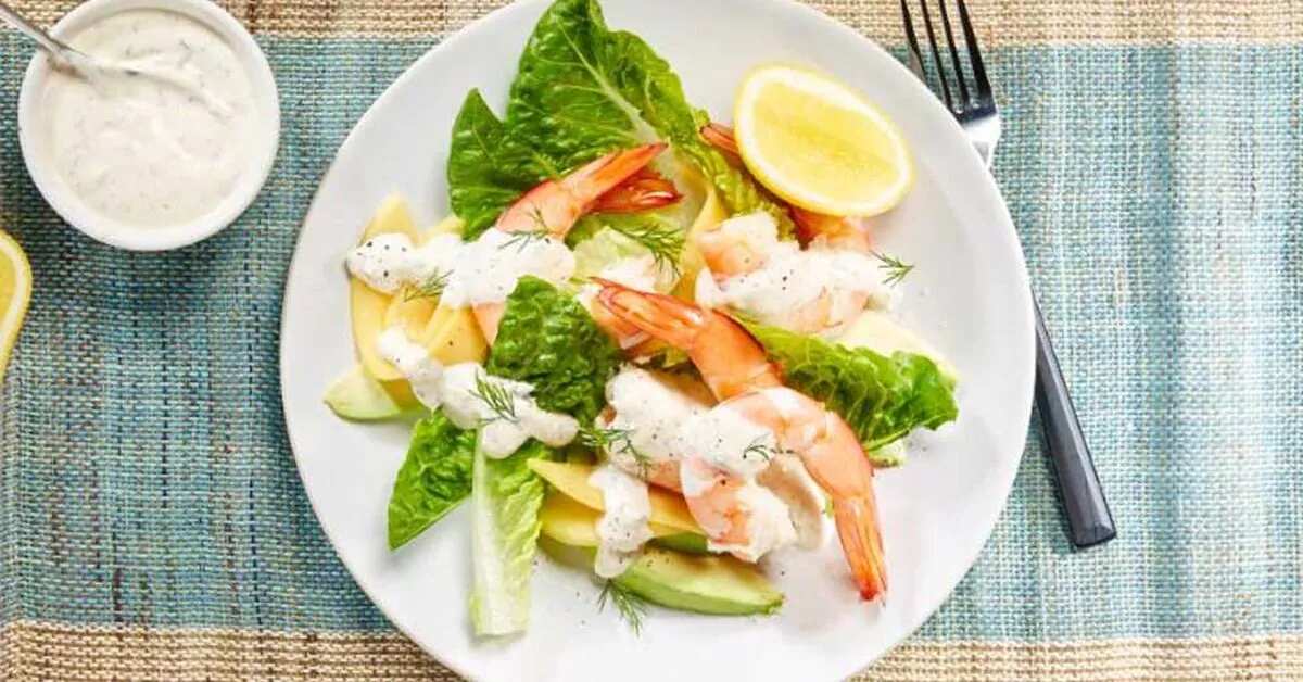 How to make King Prawn Salad With Mango And Creme Friache Dressing Recipe