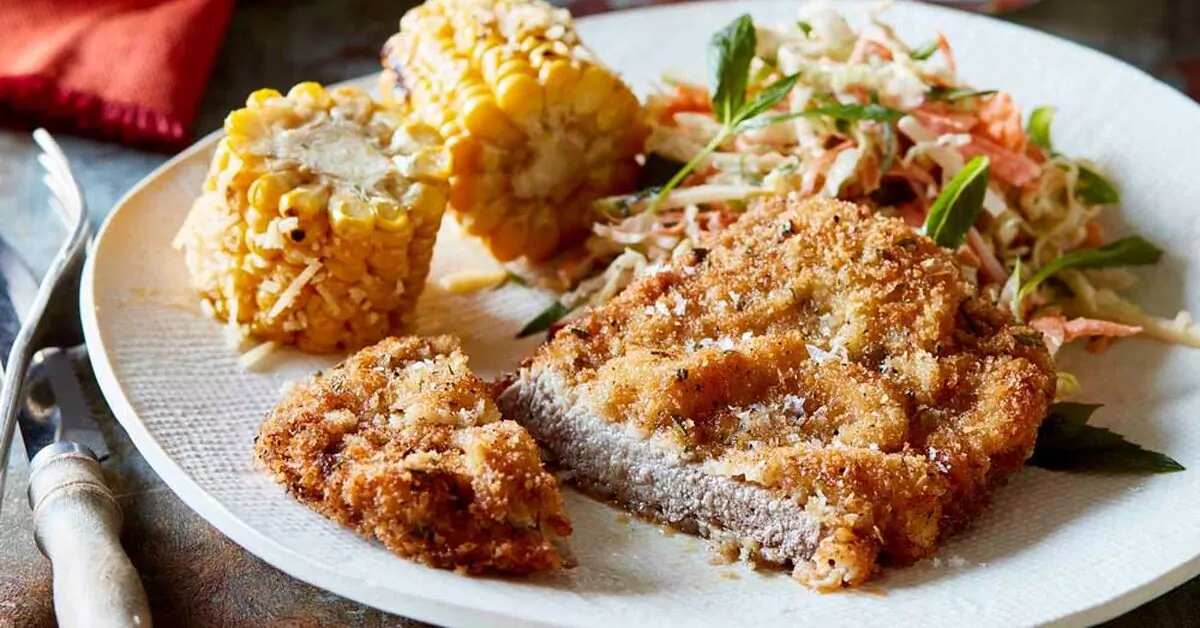 Rosemary Beef Schnitzel With Coleslaw And Corn