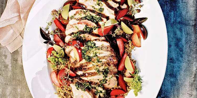 Grilled Heritage Pork with Plums Farro Verde and Summer Herbs