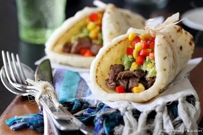 Restaurant Style Carne Asada Soft Tacos with Guacamole and Corn
