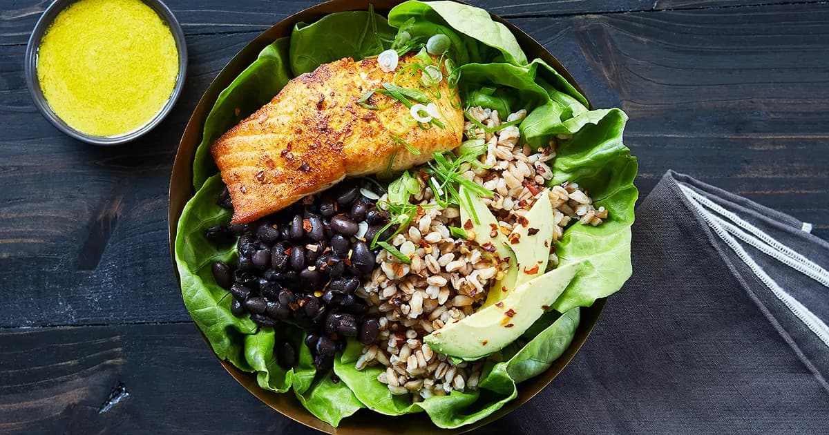 How to make Salmon Bowl With Farro, Black Beans And Tahini Dressing Recipe