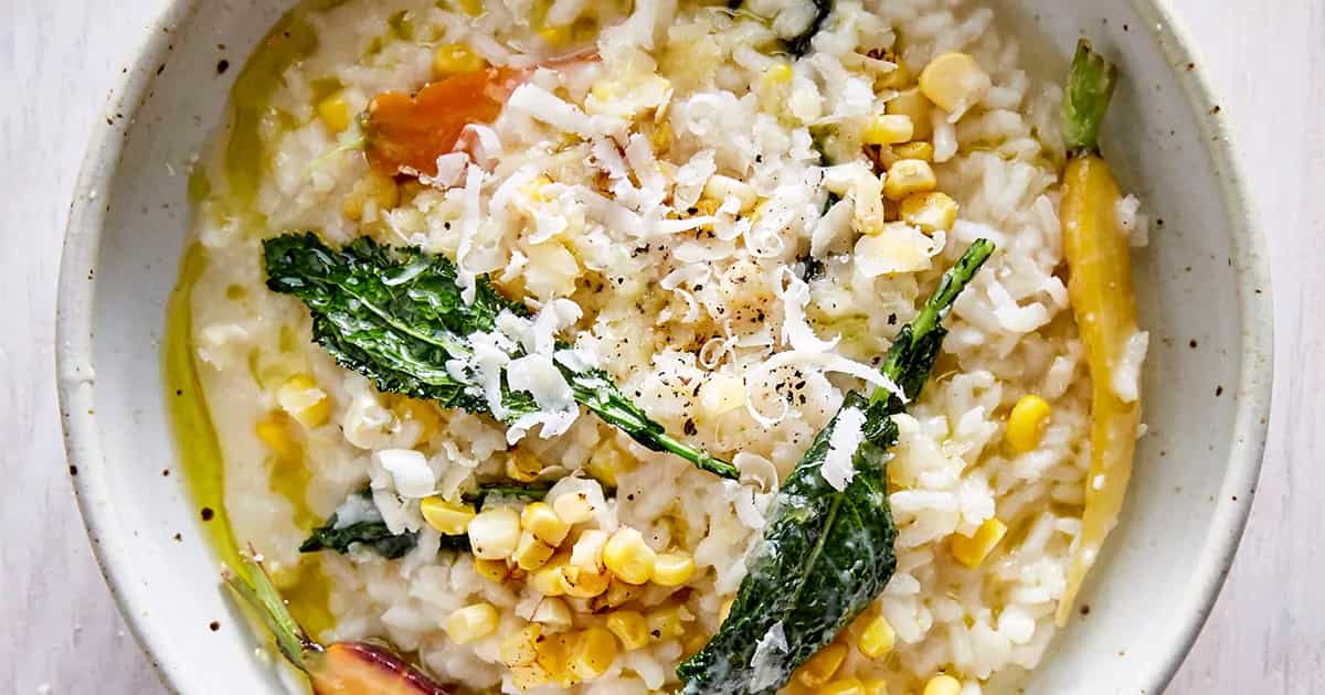 How to make White Risotto With Corn, Carrots And Kale Recipe