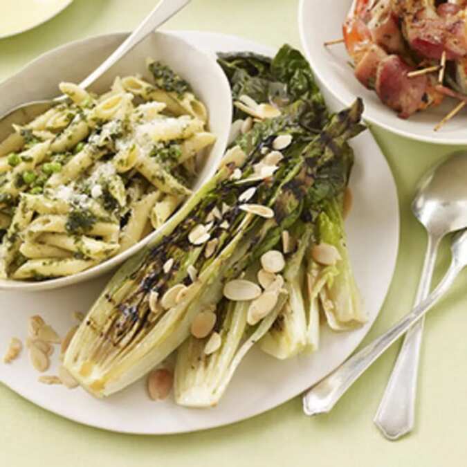 Grilled Sorta-Caesar With Pancetta Shrimp And Pesto Penne