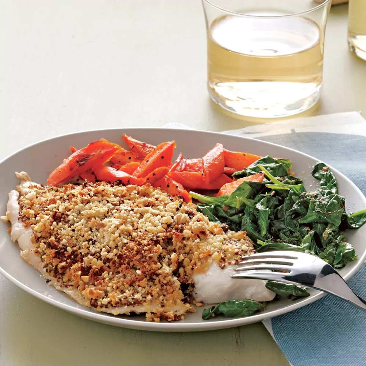 How to make Nutcrusted Tilapia With Spinach And Roasted Carrots Recipe