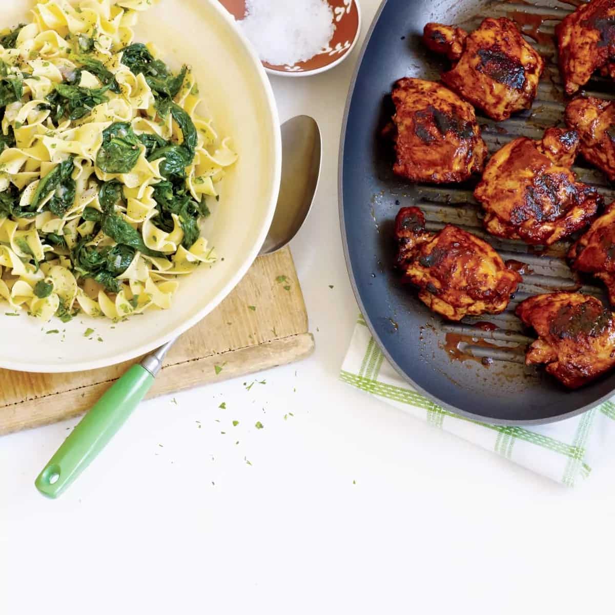 How to make Paprika Chicken Thighs With Spinach And Egg Noodles Recipe