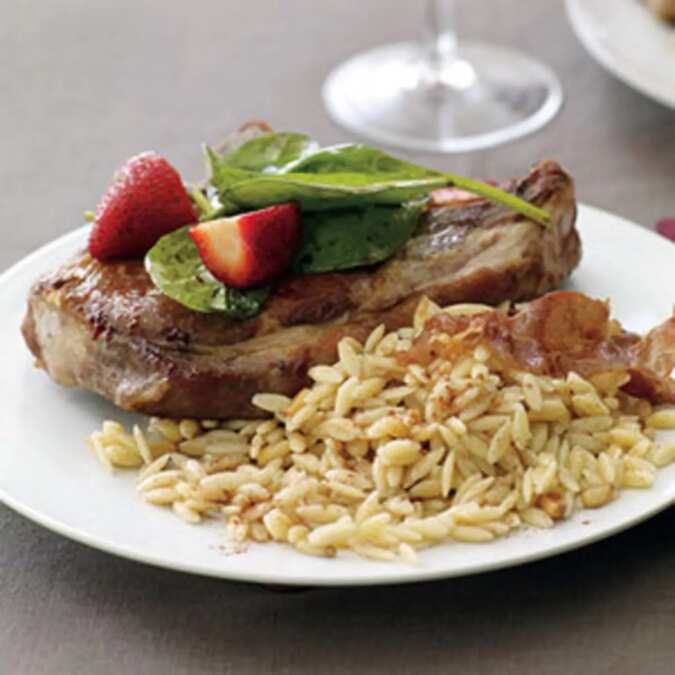 Pork Chops With Balsamic Strawberry Salad And Pine Nut Orzo
