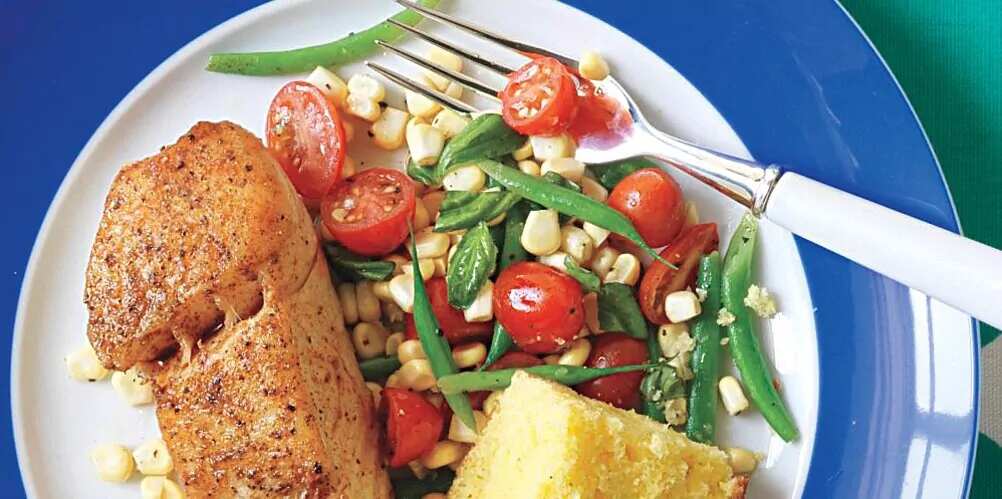 Halibut With Raw Corn, Green Bean, And Tomato Succotash