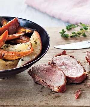 How to make Prosciutto-wrapped Pork With Sweet Potatoes And Pears Recipe