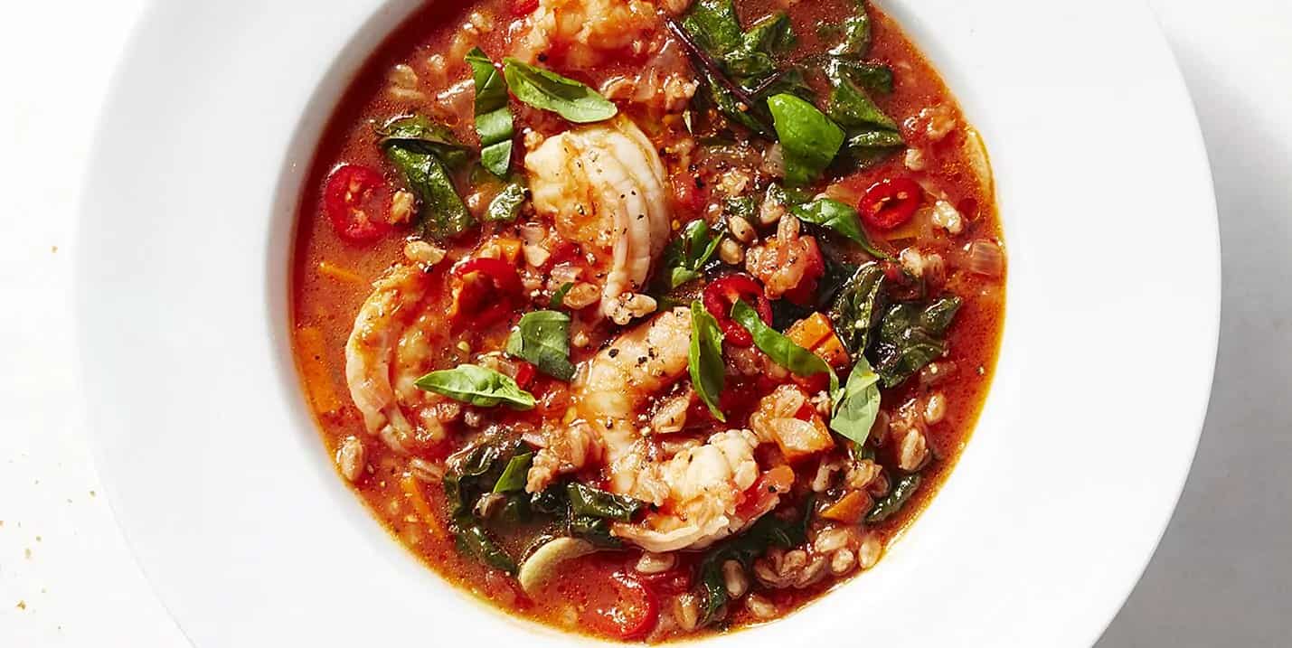 How to make Spicy Shrimp And Farro Soup With Winter Greens Recipe
