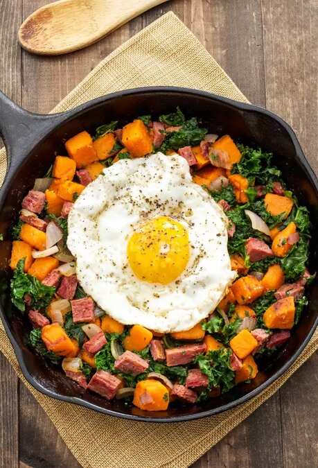 Corned Beef Sweet Potato and Kale Hash