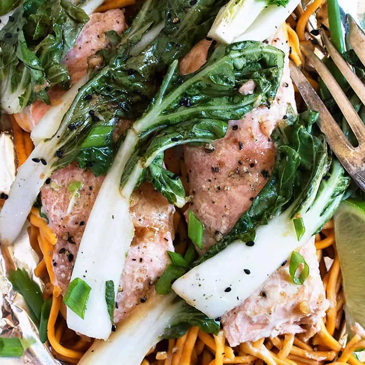 How to make Salmon Bok Choy And Noodle Foil Packets Recipe