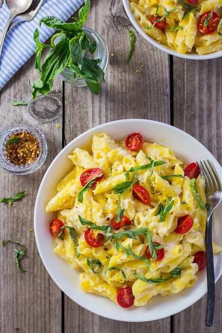 Creamy Corn Penne With Basil & Cherry Tomatoes
