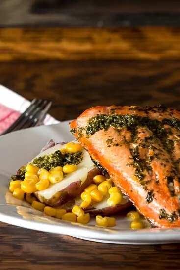 Salmon With Potatoes, Corn And A Basil Vinaigrette