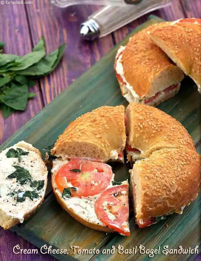 How to make Cream Cheese, Tomato And Basil Bagel Sandwich Recipe