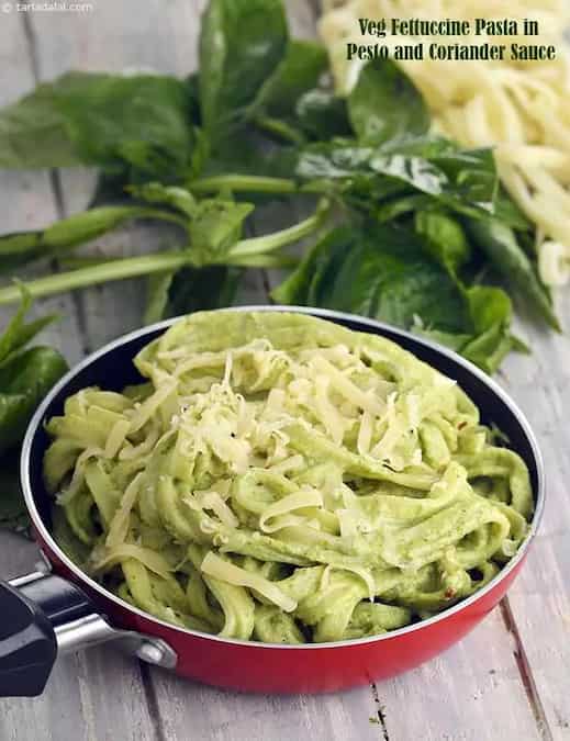 Veg Fettuccine Pasta In Pesto And Coriander Sauce