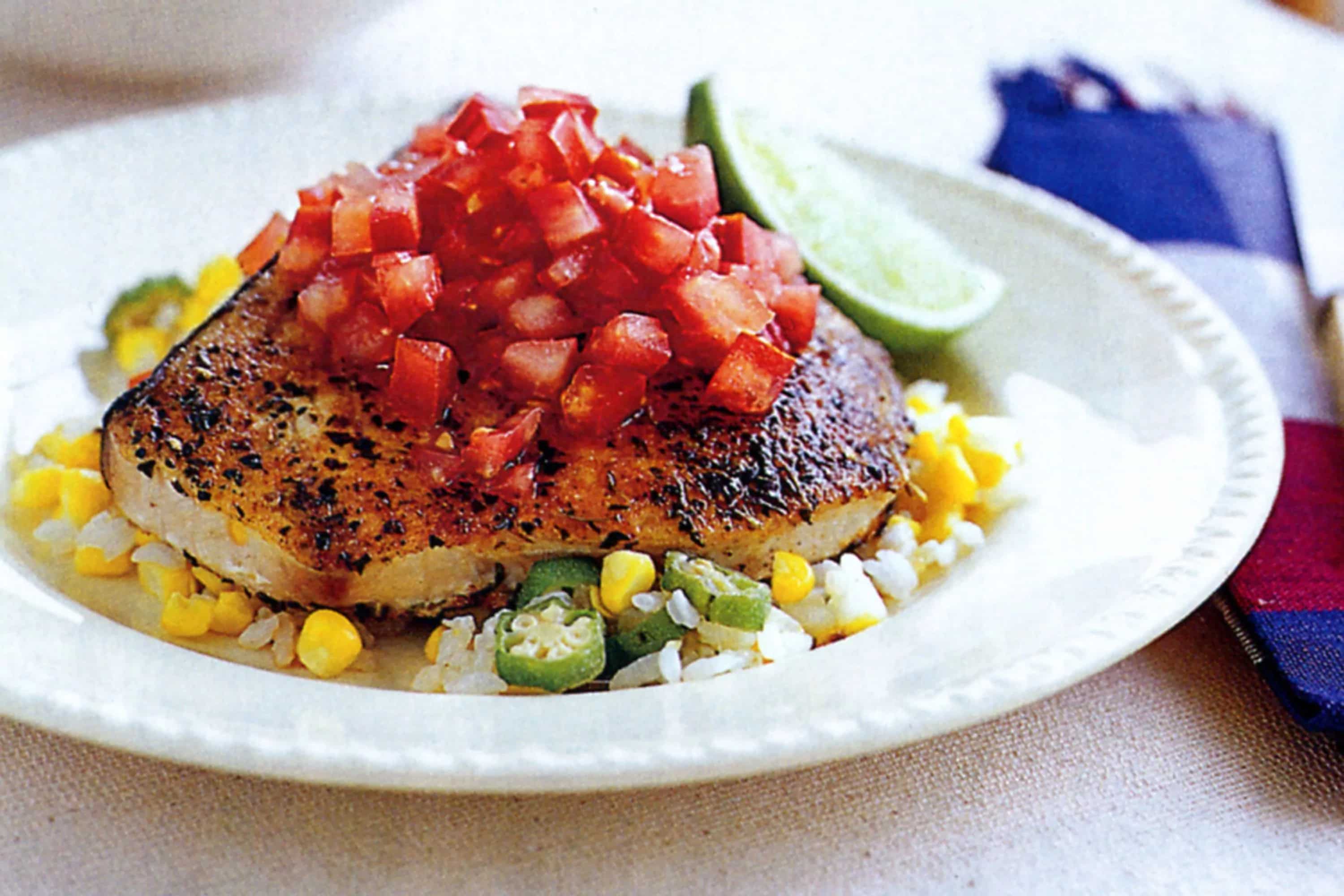 How to make Cajunstyle Swordfish On Corn And Okra Rice Recipe