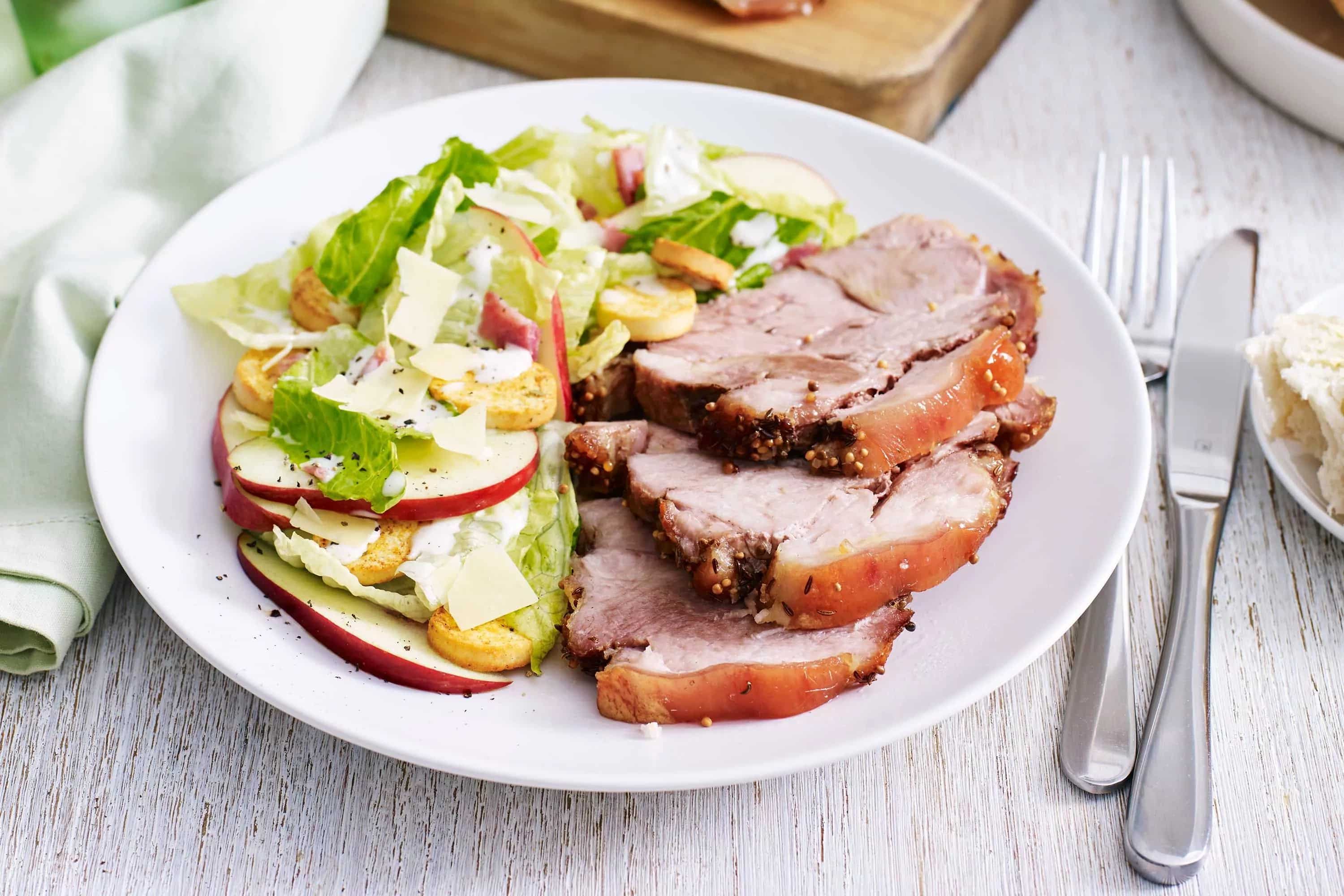 How to make Caraway And Mustard Roast Pork With Apple Caesar Salad Recipe