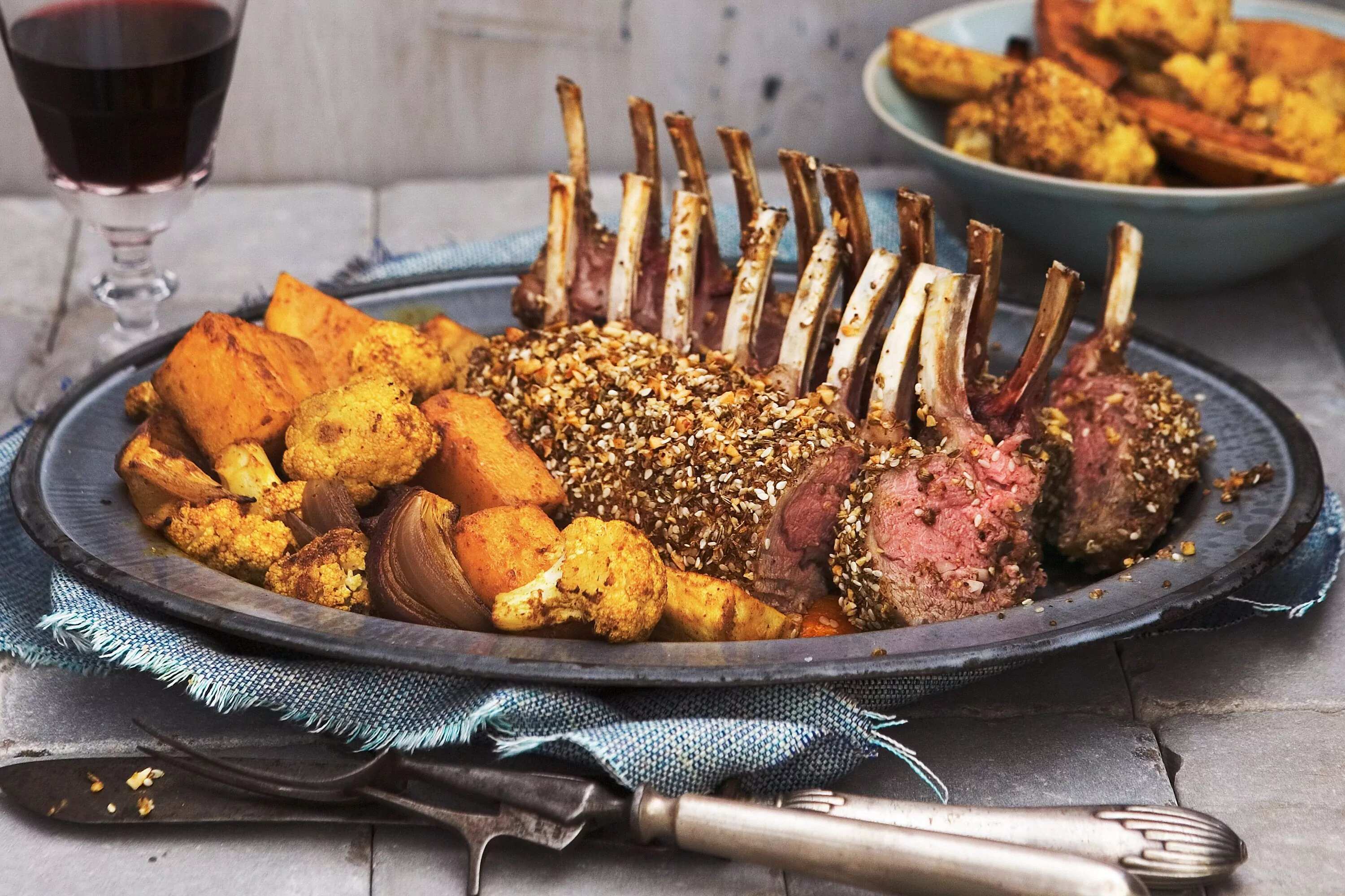 How to make Dukkahcoated Lamb Racks With Moroccanspiced Vegetables Recipe