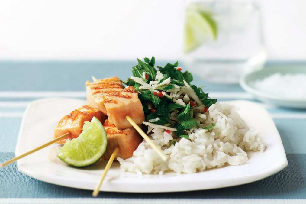 Mint Coriander & Coconut Sambal With Salmon Skewers