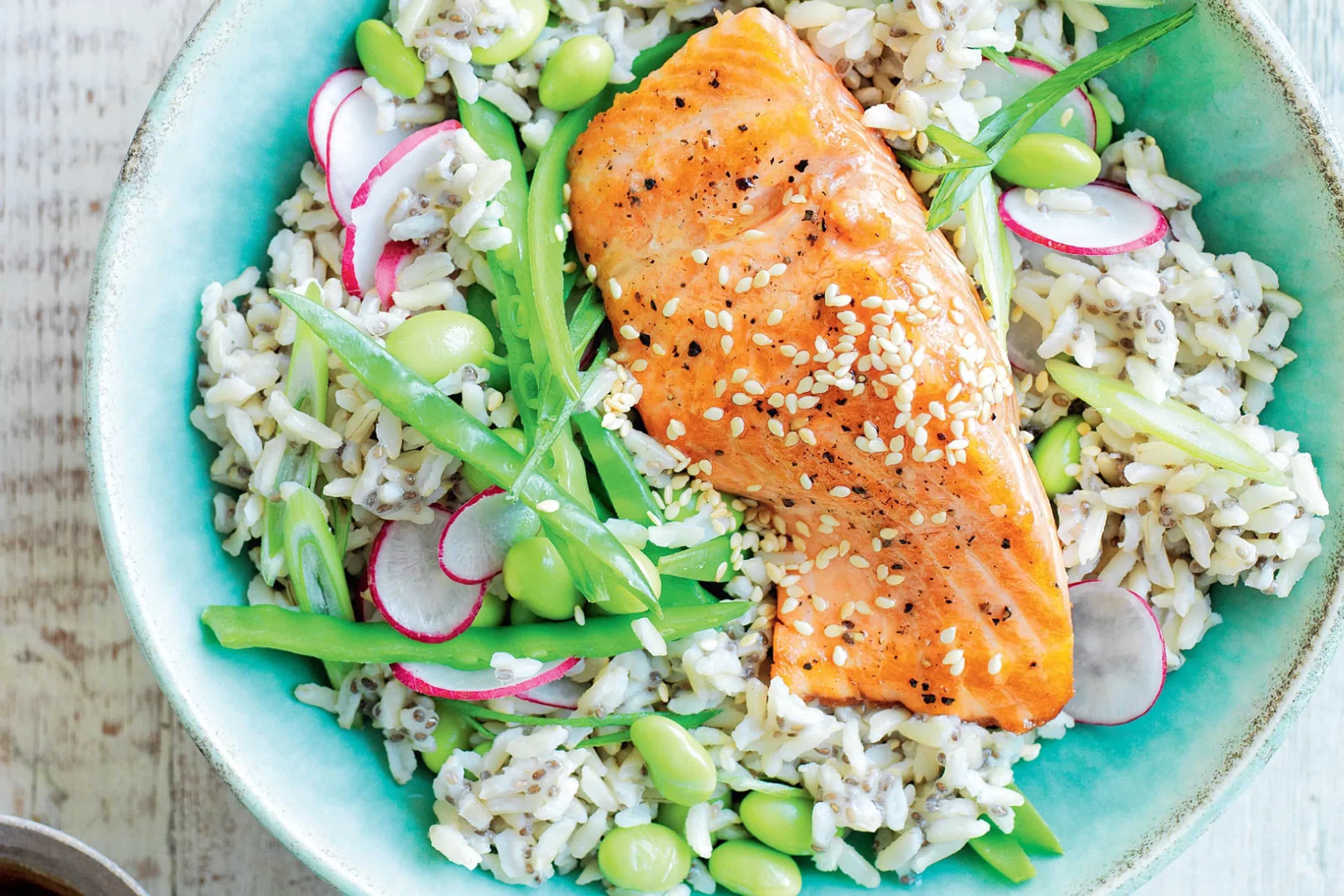 How to make Salmon With Ponzu Sauce Edamame Rice And Chia Recipe