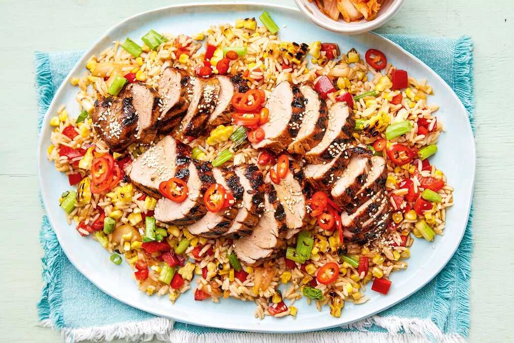 Spicy Korean Pork With Grilled Corn And Rice Salad