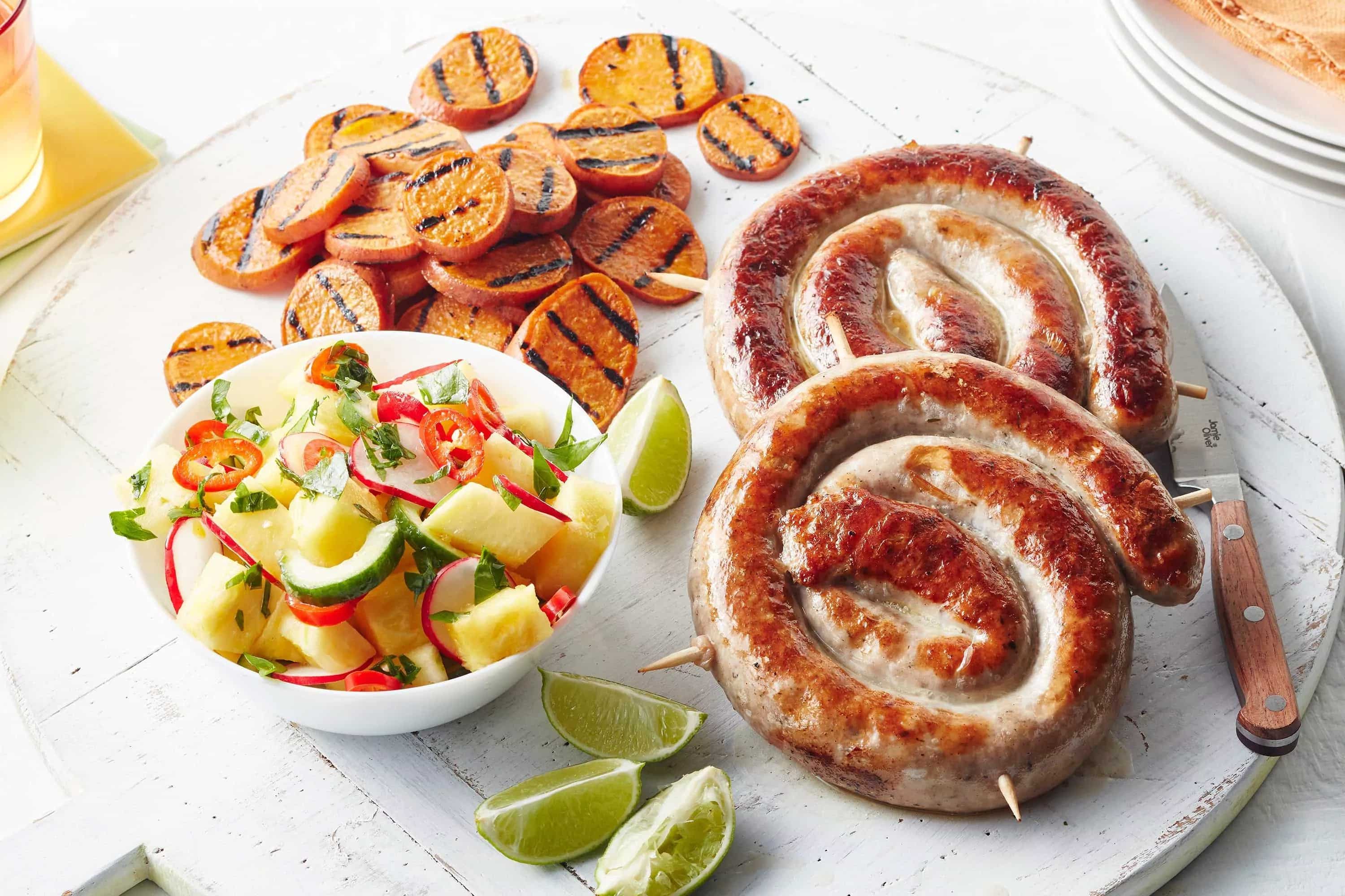 How to make Spiral Pork Sausages With Pineapple Salsa Recipe