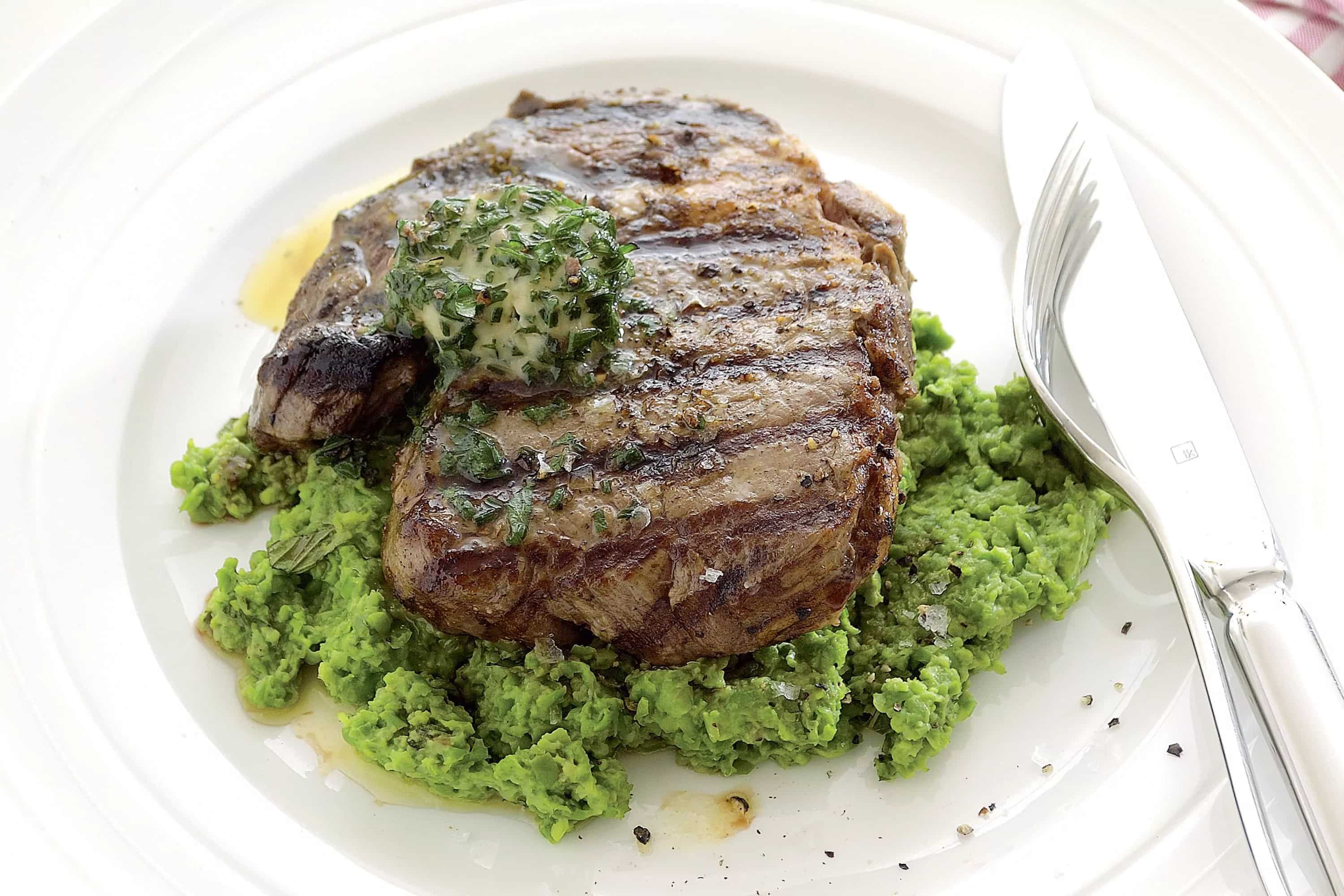 How to make Steak With Anchovy Butter & Smashed Peas Recipe